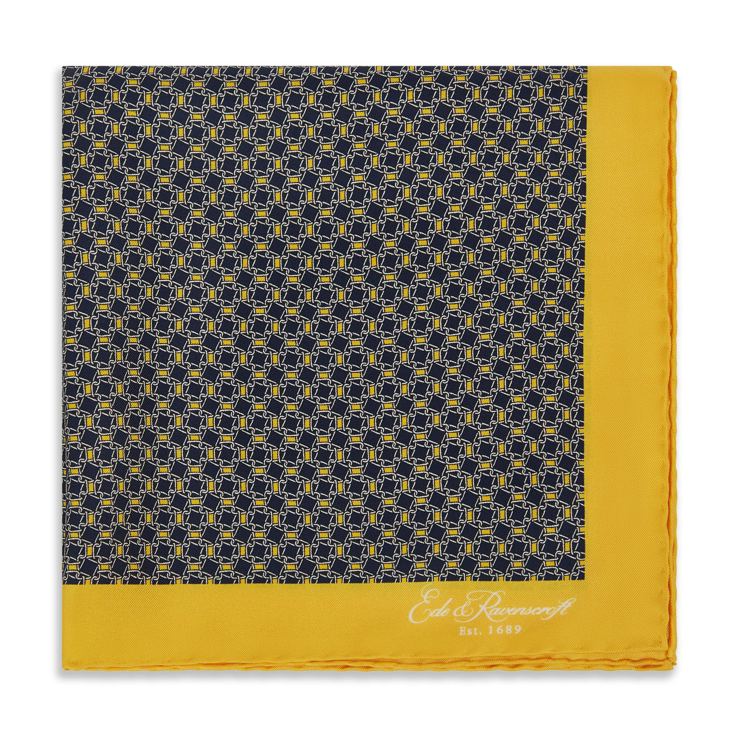 Yellow Navy Chain Geometric Printed Silk Pocket Square