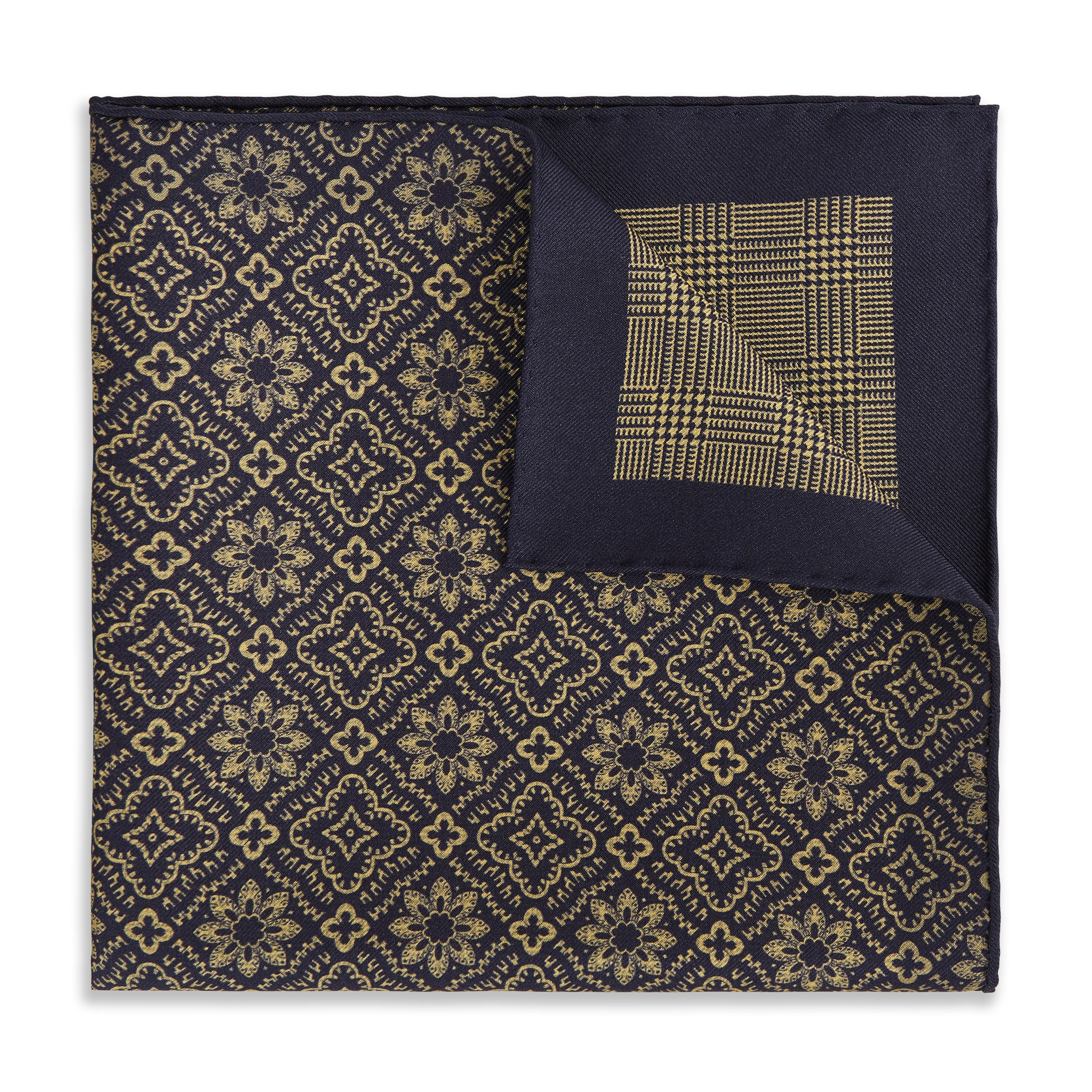 Yellow Navy Prince of Wales Geometric Double Faced Silk Pocket Square - Image 2